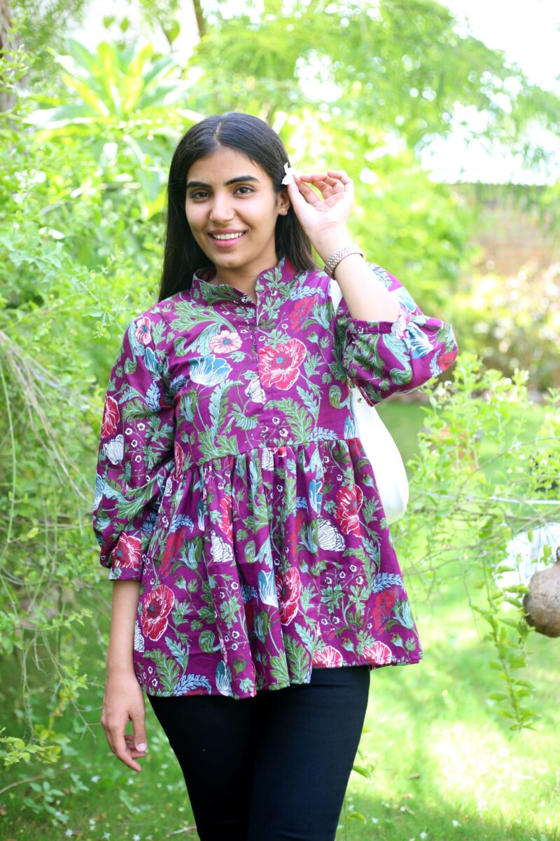 Stand Collar Floral Short Kurti