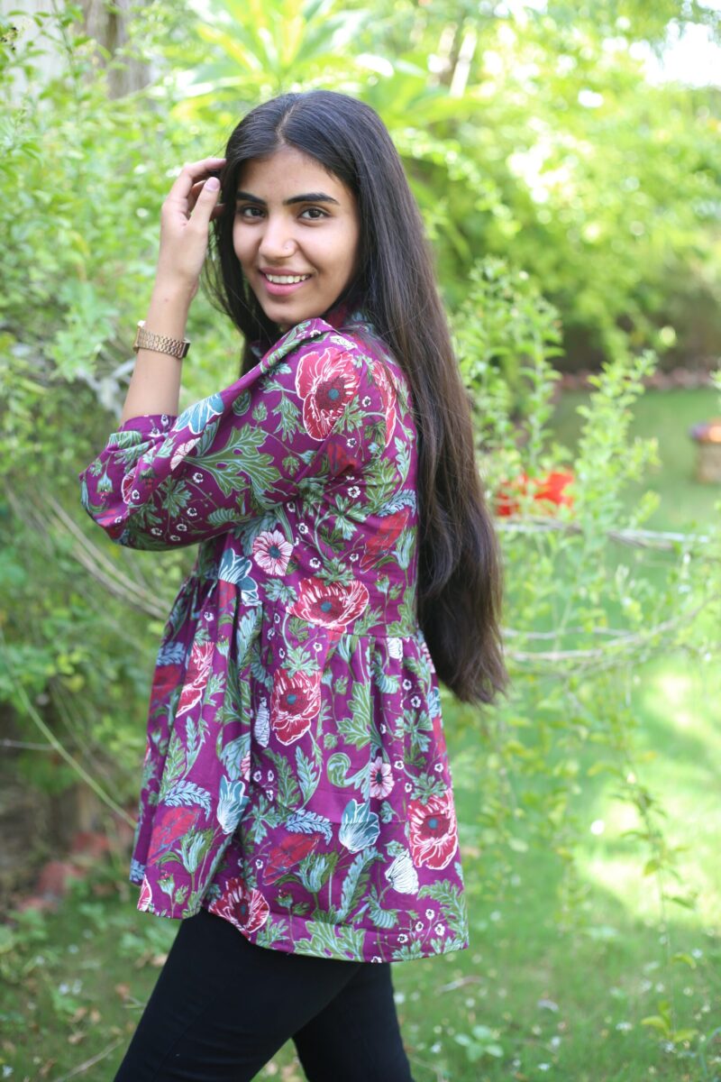 Stand Collar Floral Short Kurti - Image 2
